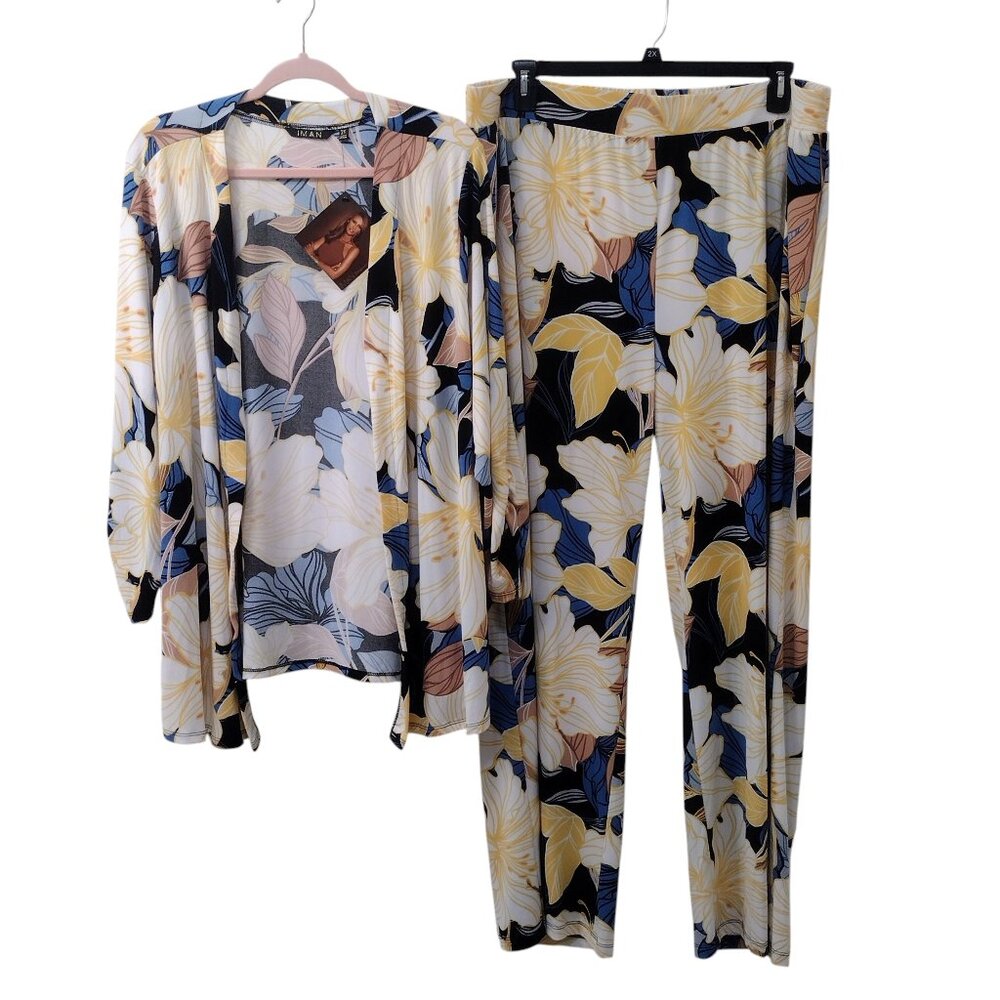 Iman 2-Piece Open Cardigan and Pants, Size 2X, Yellow/White/Blue/Tan on Black
